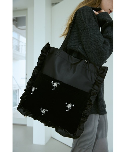 un/neu トートバッグ 刺繍ベロアフリル2ポケットトート / A4、14