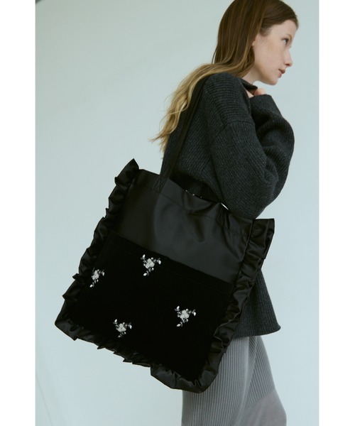 ボンポワン　ベロアトートバッグ　黒 セール】リボンチャーム付き/ベロア×ビジュートートバッグ（トート