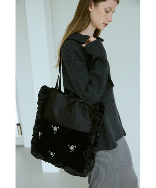 ボンポワン　ベロアトートバッグ　黒 un/neu トートバッグ 刺繍ベロアフリル2ポケットトート / A4、14