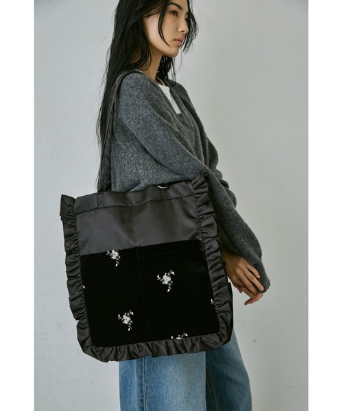 un/neu トートバッグ 刺繍ベロアフリル2ポケットトート / A4、14