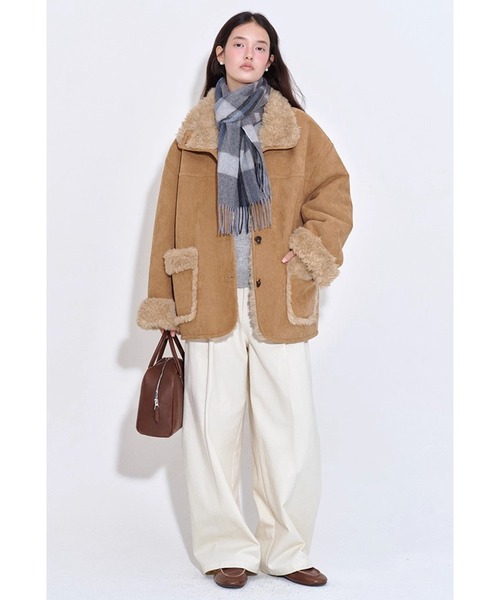 ムートンコート ボアコート スタンドカラー フェイクファーラペル
