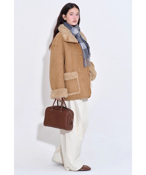 ムートンコート ボアコート スタンドカラー フェイクファーラペル