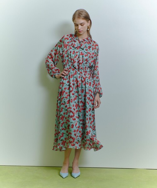 ワンピース 「LOULOU WILLOUGHBY」LISAチェリープリント リボンワンピースの画像