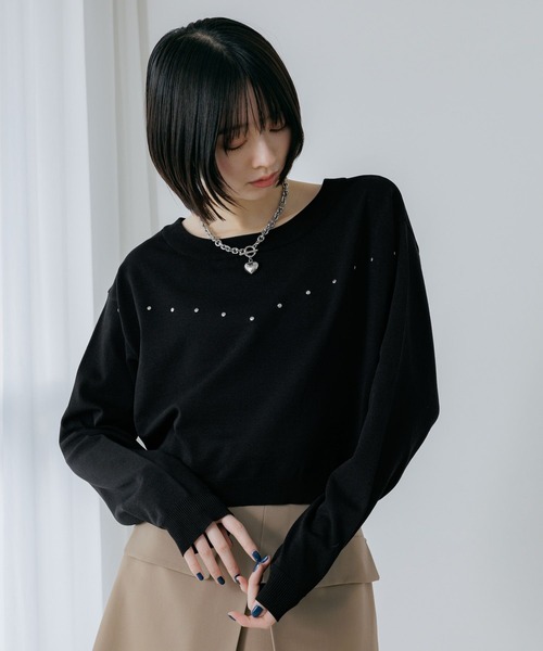 黒ニットページ PAGEBOY（ページボーイ） ニット セーター スタッズルーズネックプル