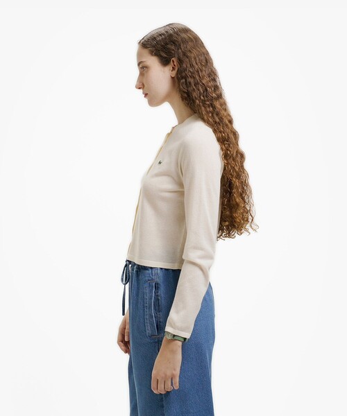 あ*様 LACOSTE ラコステ カーディガン 丸首ラメニットカーディガン オフ LACOSTE（ラコステ） カーディガン 丸首ラメ クロップド丈 ハイゲージ