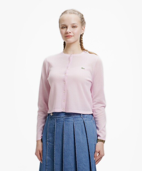 あ*様 LACOSTE ラコステ カーディガン 丸首ラメニットカーディガン オフ LACOSTE（ラコステ） カーディガン 丸首ラメ クロップド丈 ハイゲージ