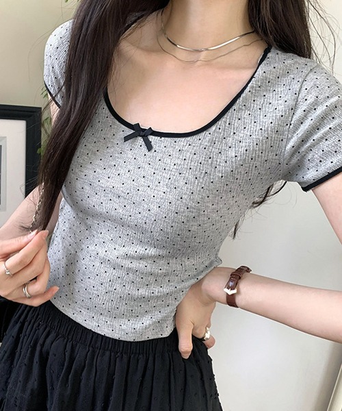 tシャツ リボン付き ドット柄Tシャツ 配色パイピング／韓国ガーリースタイル レディース | lulufa | 06