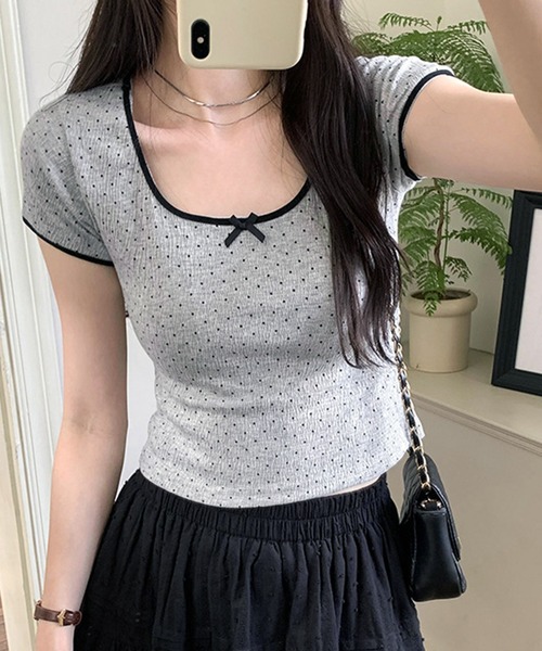tシャツ リボン付き ドット柄Tシャツ 配色パイピング／韓国ガーリースタイル レディース | lulufa | 03