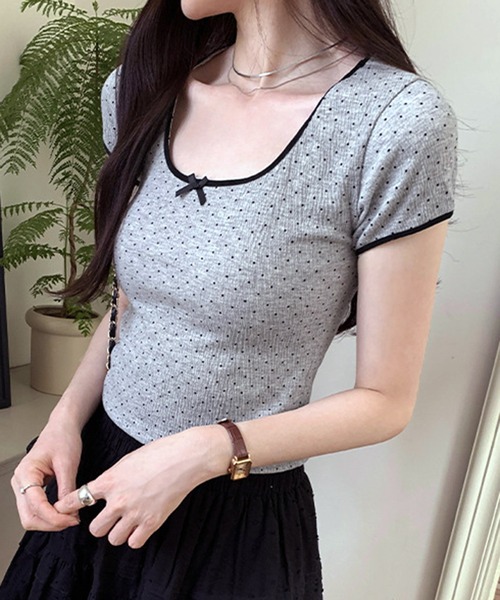 tシャツ リボン付き ドット柄Tシャツ 配色パイピング／韓国ガーリースタイル レディース | lulufa | 05