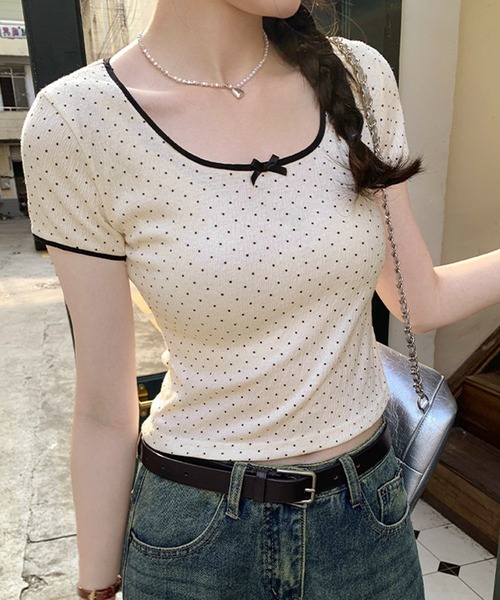 tシャツ リボン付き ドット柄Tシャツ 配色パイピング／韓国ガーリースタイル レディース | lulufa | 08