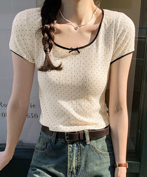 tシャツ リボン付き ドット柄Tシャツ 配色パイピング／韓国ガーリースタイル レディース | lulufa | 10