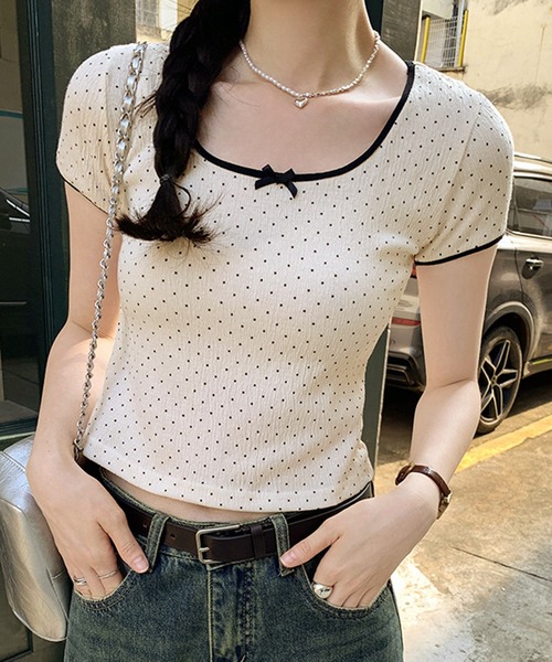 tシャツ リボン付き ドット柄Tシャツ 配色パイピング／韓国ガーリースタイル レディース | lulufa | 09