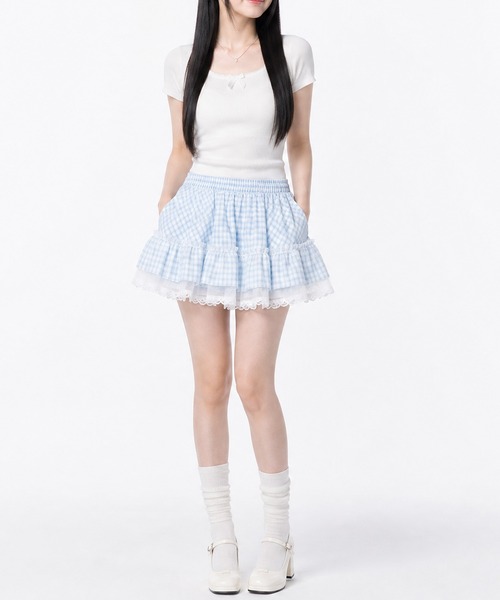 スカート HOOK for girls チュールレース 裾フリル チェックミニ