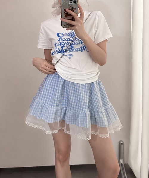 スカート HOOK for girls チュールレース 裾フリル チェックミニ