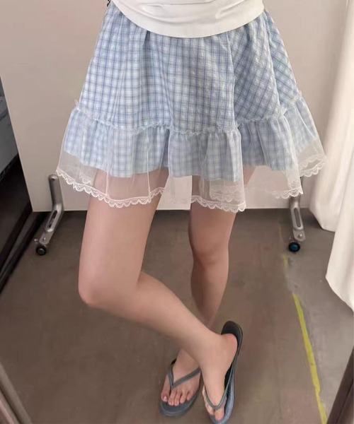 スカート HOOK for girls チュールレース 裾フリル チェックミニ