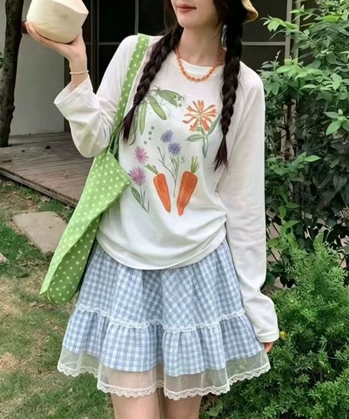 スカート HOOK for girls チュールレース 裾フリル チェックミニ