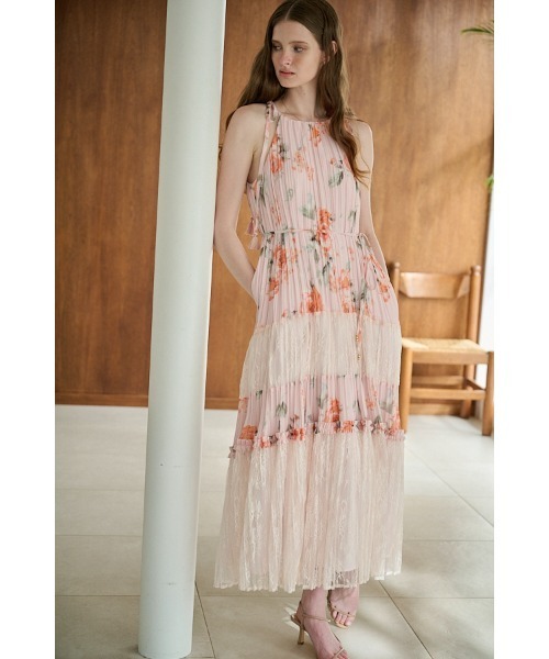Estella.K ワンピース Eva Pleated Long Dress レーススウィッチング 