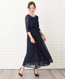 Lace Ladies ドレス レース切り替え七分袖フォーマルワンピース