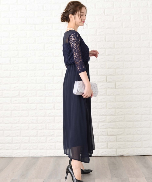 Lace Ladies ドレス レース切り替え七分袖フォーマルワンピース
