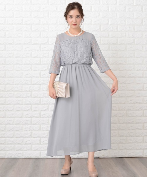 Lace Ladies ドレス レース切り替え七分袖フォーマルワンピース