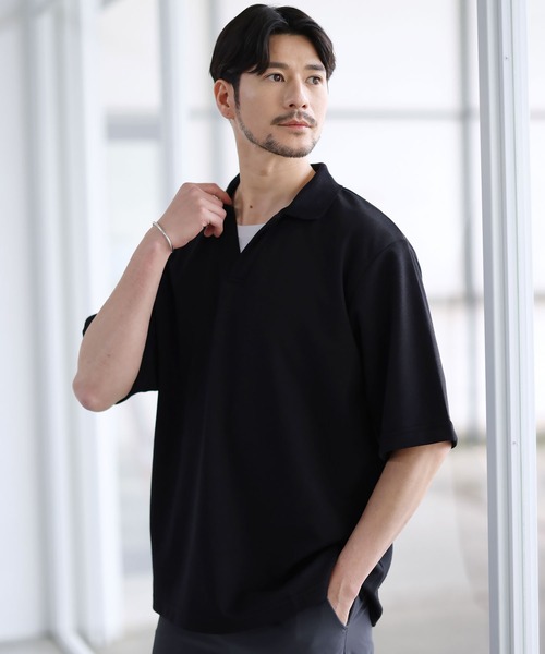 ポロシャツ メンズ ブラック S-XXL SPU（スプ） ポロシャツ 抗菌防臭＆接触冷感ルーズシルエットダブル