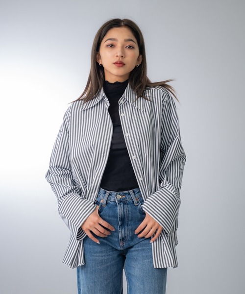 United store ブラウス シャツ ストライプボリュームスリーブシャツ