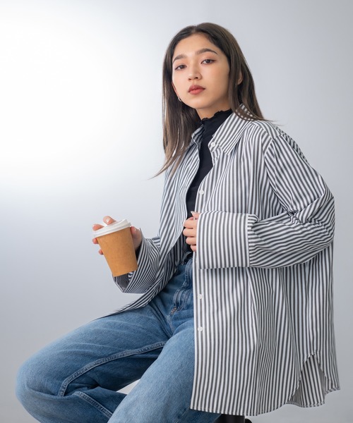 United store ブラウス シャツ ストライプボリュームスリーブシャツ
