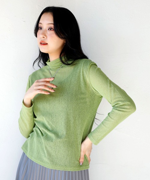 tシャツ シアートップス ハイネック ライトグリーン レディース