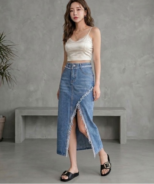 ♡デニム トップス Sサイズ♡ラス1 gossip!ロサンゼルス デニムスカート ラップデザイン スリットデニム