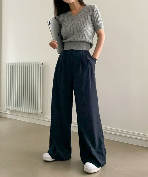 ネイビー Vネック 半袖ニット BEIDELLI ニット セーター 「BELLIDE MADE」 ケーブルVネック