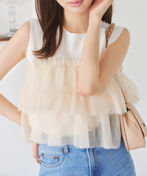 【Super Beauty By OhraBeau】ノースリーブトップス パール KOBE LETTUCE ニット セーター ティアードチュールノースリーブ