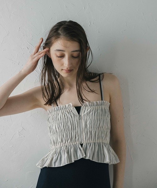 ブラウス シャツ 「MINERTE」bustier style shirt / シャーリングビスチェ風ストライプシャツ レディース MINERTE】bustier style shirt / シャーリングビスチェ風