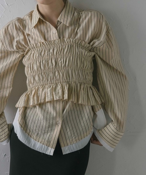 ブラウス シャツ 「MINERTE」bustier style shirt / シャーリングビスチェ風ストライプシャツ レディース セール】【MINERTE】bustier style shirt / シャーリング
