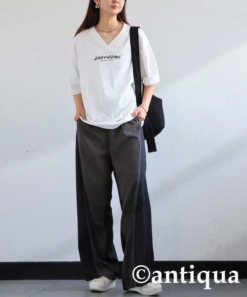 antiqua パンツ ストライプ切り替えワイドパンツ レディース