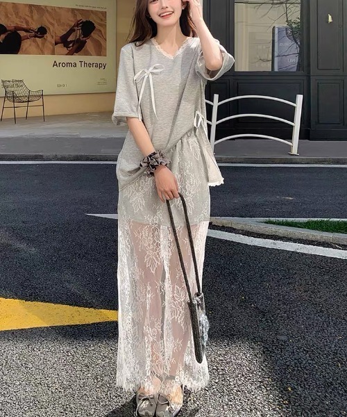 gossip!ロサンゼルス セットアップ フェミニンリボンTシャツ＆レース