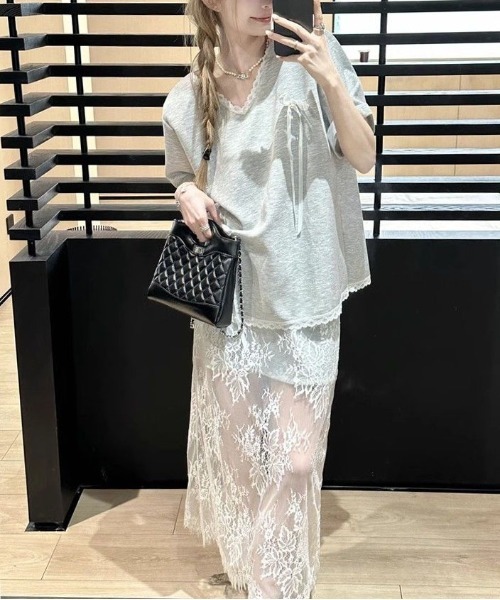 gossip!ロサンゼルス セットアップ フェミニンリボンTシャツ＆レース