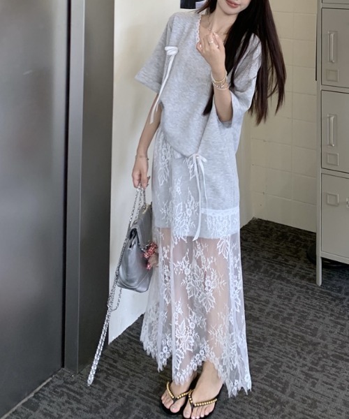 gossip!ロサンゼルス セットアップ フェミニンリボンTシャツ＆レース