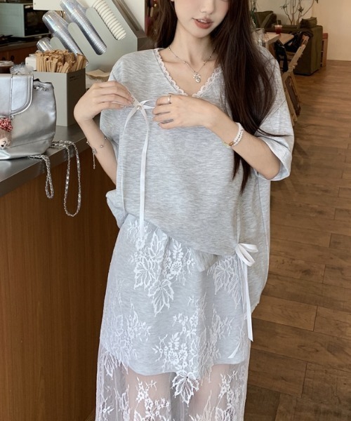 gossip!ロサンゼルス セットアップ フェミニンリボンTシャツ＆レース