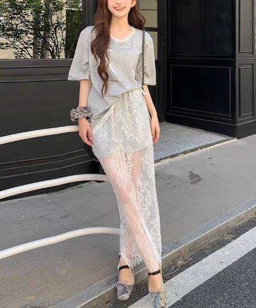 gossip!ロサンゼルス セットアップ フェミニンリボンTシャツ＆レース