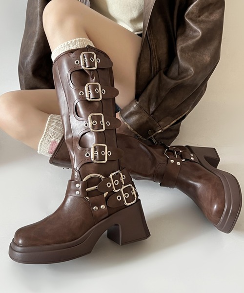 Shoes in Closet（シュークロ） ブーツ 厚底 装飾バックル付 バイカー