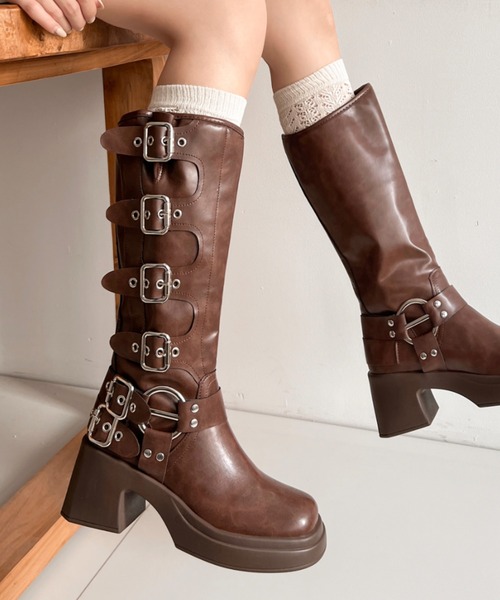 靴/バッグ 靴 ブーツ Shoes in Closet（シュークロ） ブーツ 厚底 装飾バックル付 バイカー