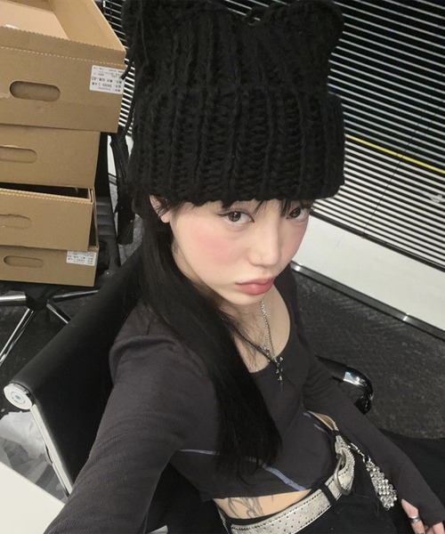 CA4LA ネコ耳ローゲージニットギャップ Revo. ニット帽 ニットキャップ 猫耳 ネコミミ ローゲージ