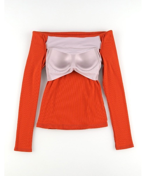 新品)OUR WACOAL オフショルダー レッドトップス OUR WACOAL tシャツ カップ付きオフショルダー 長袖 レディース