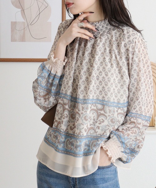 ブラウス シャツ BRODIAEA スモック刺繍シフォンブラウス