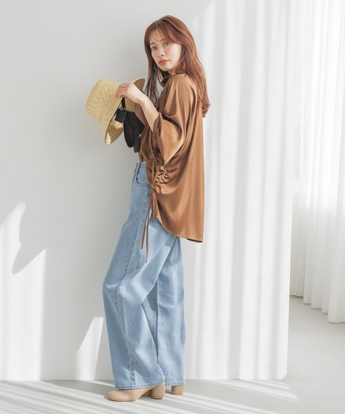 新品未使用 mysty woman サテンギャザーリボンブラウス ヌーディピンク スタッフプロデュース】あんず企画・サテンギャザーリボン