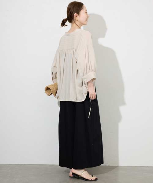 SLOBE IENA ブラウス シャツ シアーストライプ5分袖 バンド