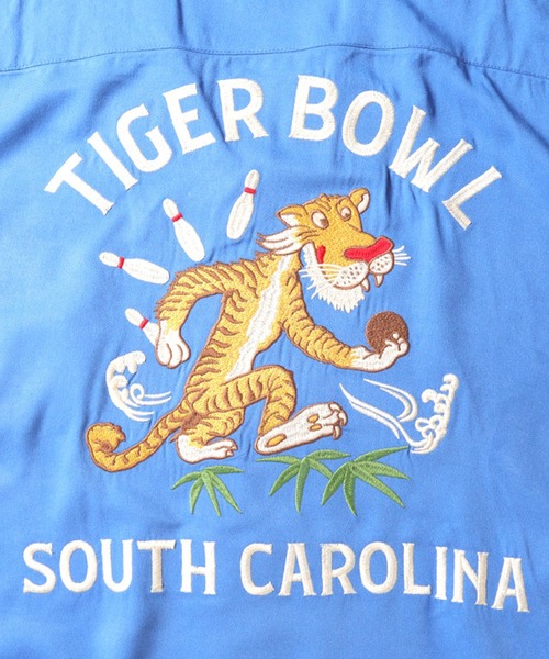 HOUSTON ヒューストン ボーリングシャツ XL LL 虎刺繍 ブルー 青 HOUSTON シャツ 「HOUSTON ヒューストン」TIGER BOWL EMB