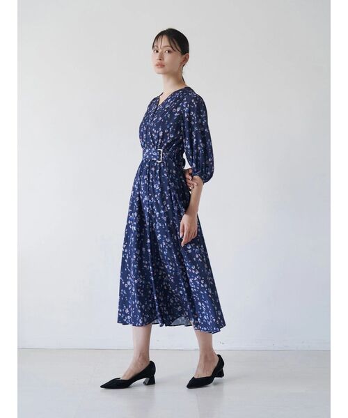 美品 サードマガジン シルクカシュクールワンピース シアー 紺 フレアシルエット TONAL（トーナル） ワンピース 半袖 フラワーシアーJQカシュクール