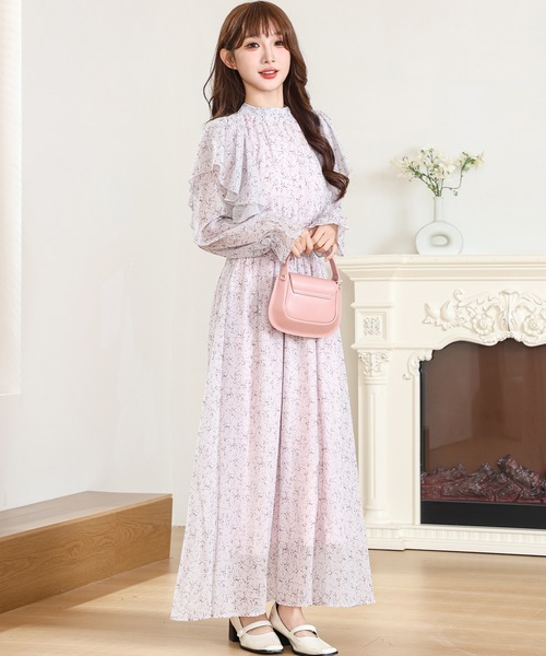 Anely ワンピース 小花柄 フリル バックリボン ロング ワンピース