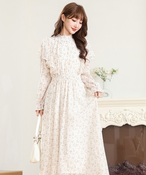 SELKIE の 花柄フリル長袖ワンピース Anely ワンピース 小花柄 フリル バックリボン ロング ワンピース